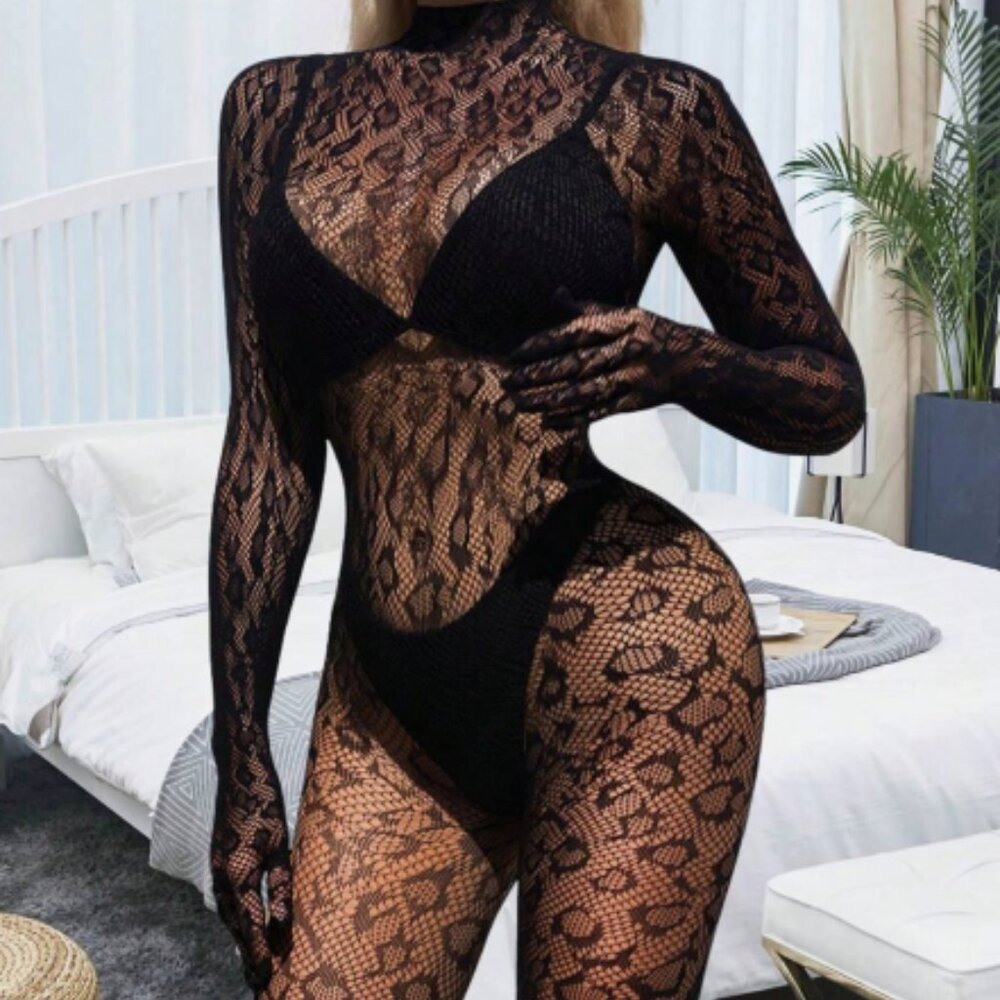 Black Leopard Pattern Long-Sleeve Full Body Fishnet Bodysuit